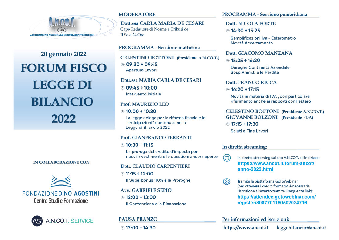 Programma Forum Fisco ANCOT del 22/01/2021